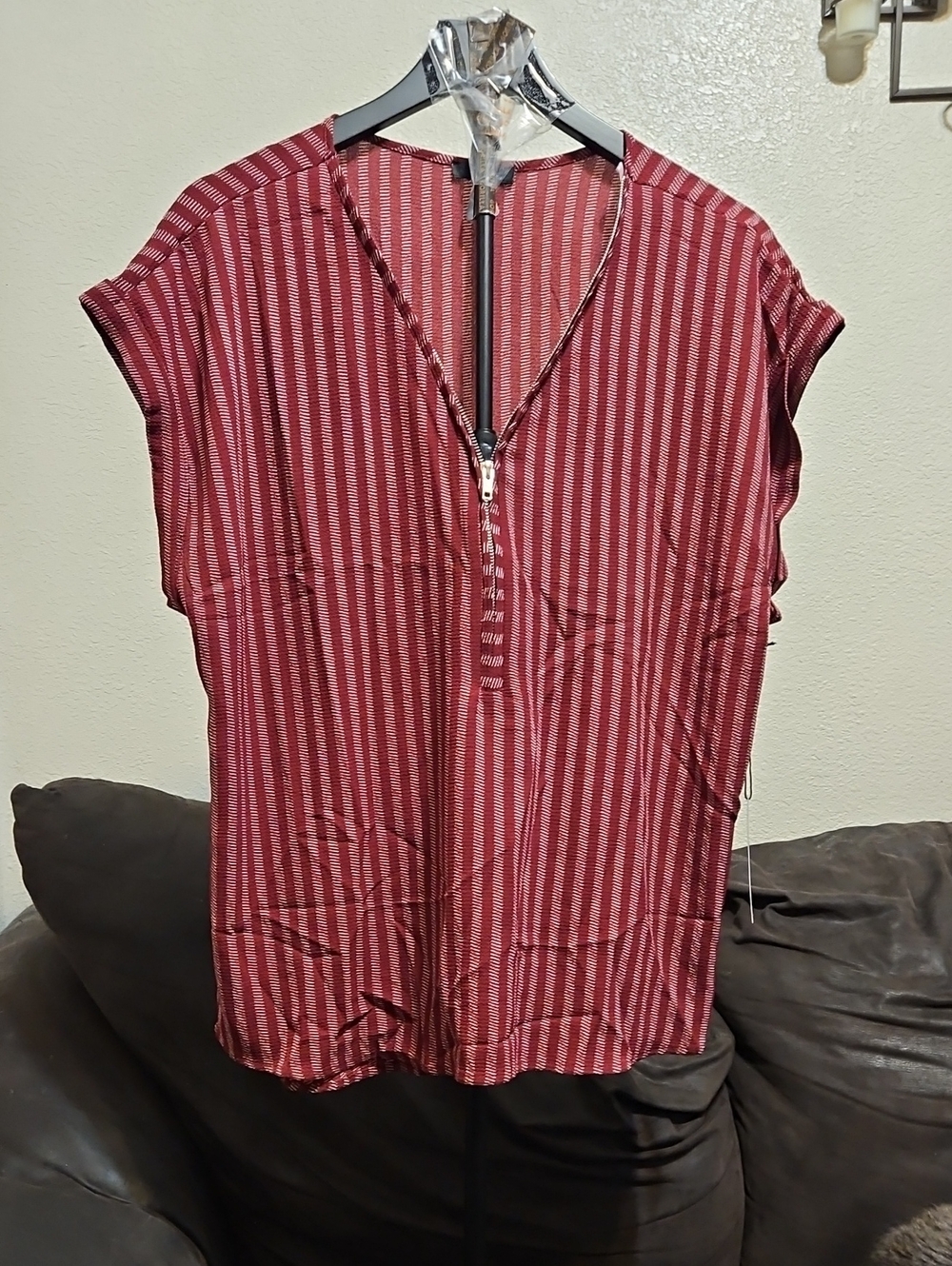 Women’s Red Striped Zip-Front Blouse